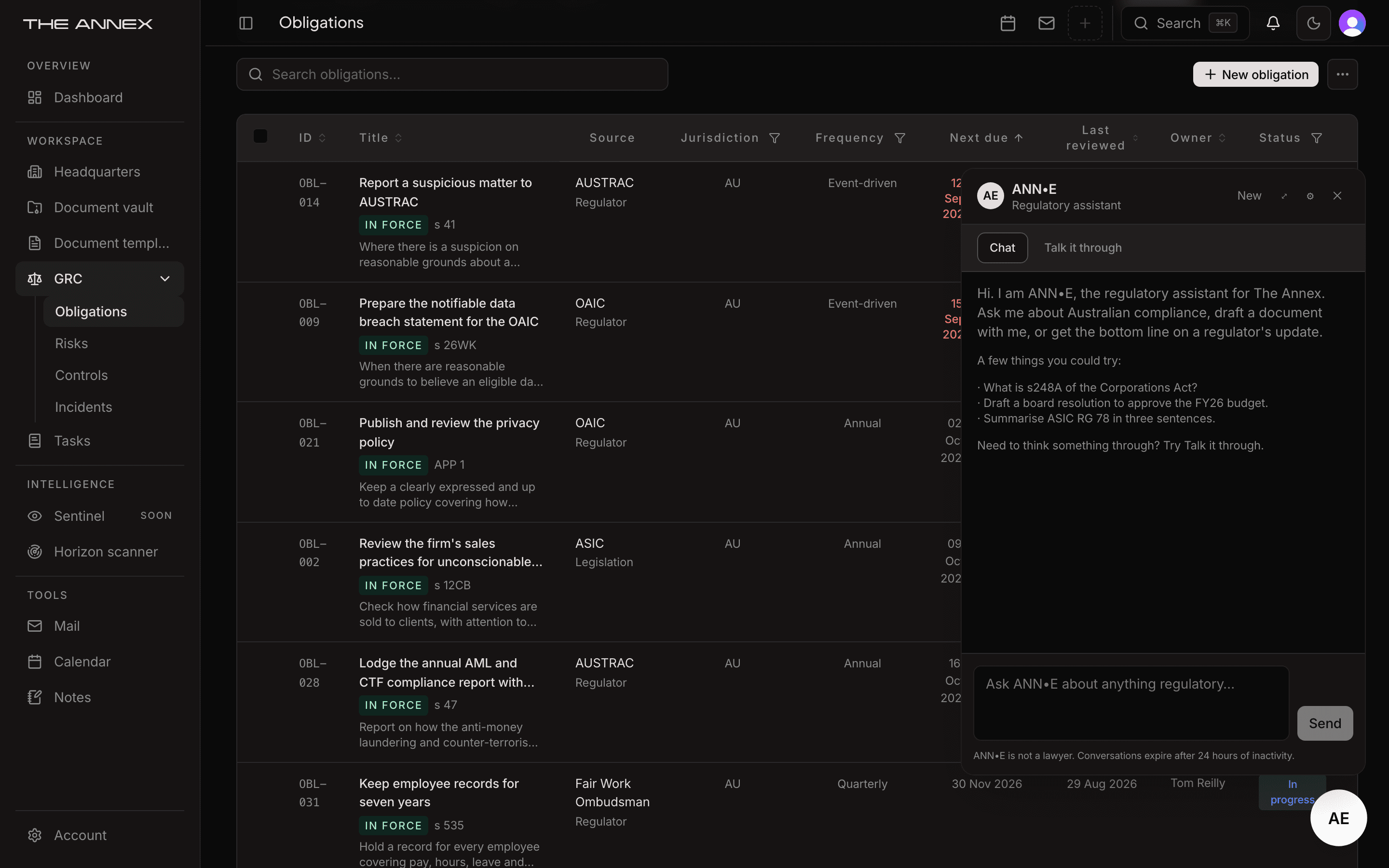 ANN•E, the regulatory assistant built into The Annex, open over the obligations register in the dark theme, showing its greeting and three suggestions to try.
