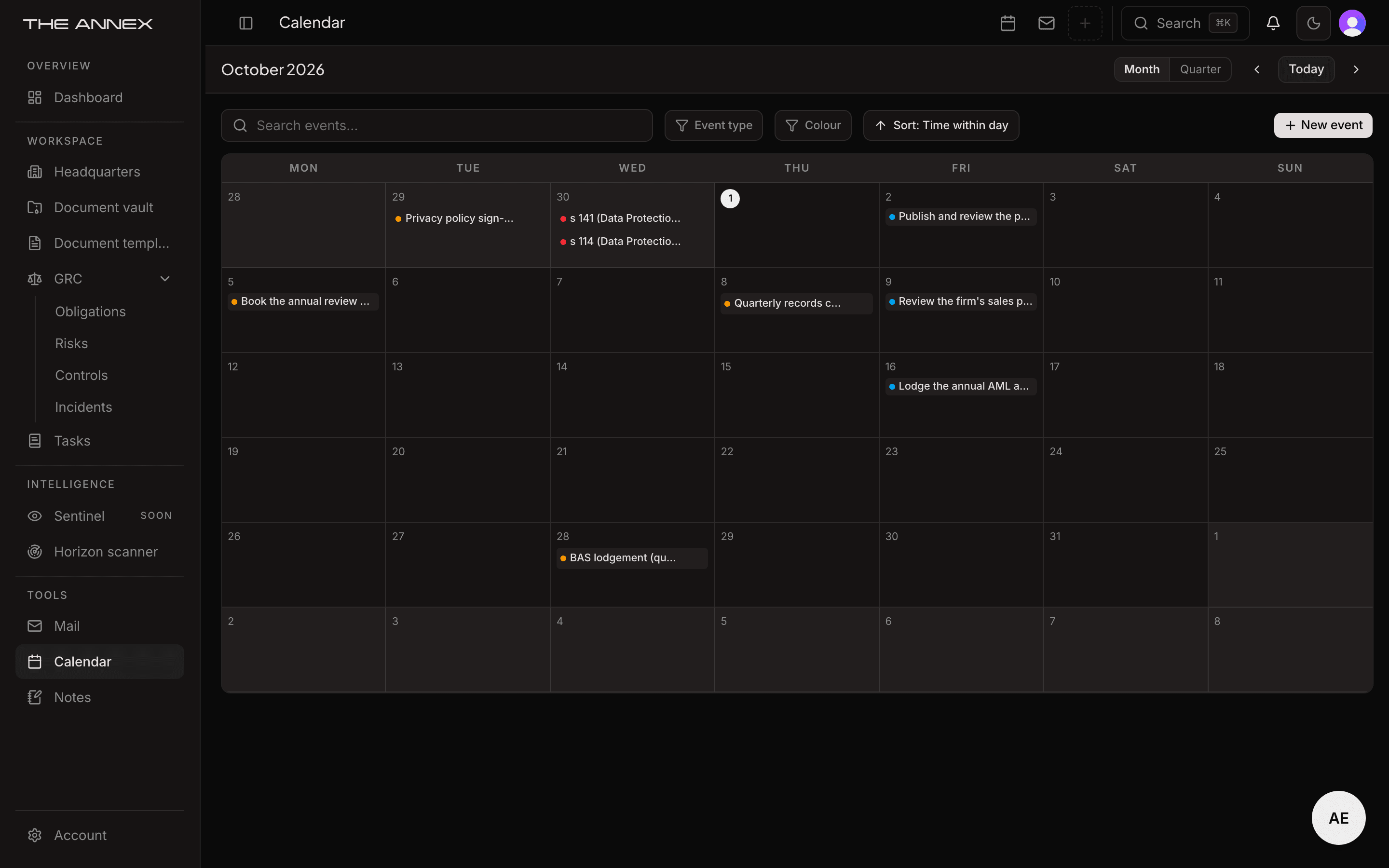 The compliance calendar in the dark theme: a month grid with obligation deadlines, task due dates and other dated items on their days, each marked with a coloured dot.