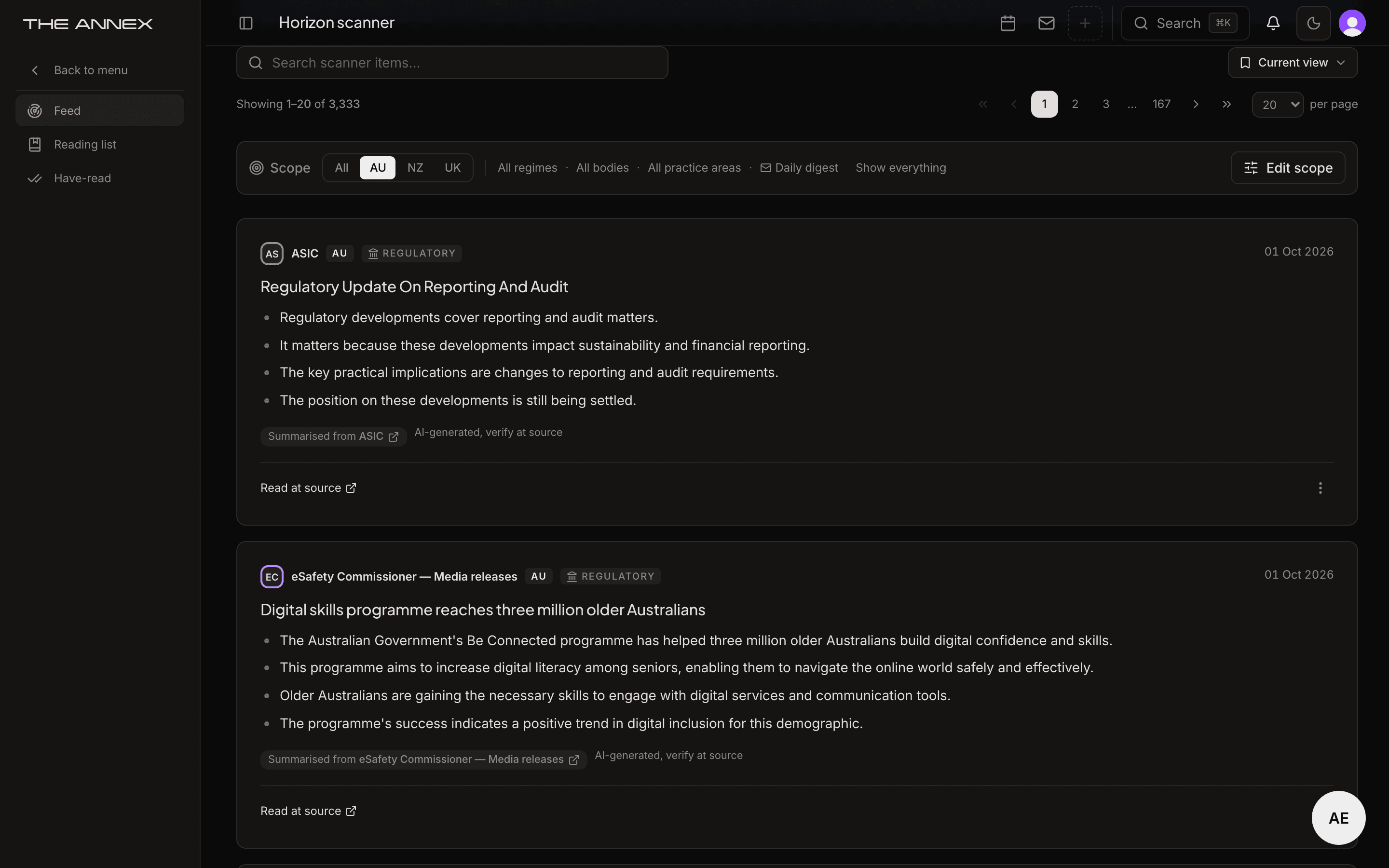 The horizon scanner in the dark theme: a feed of updates from Australian regulators, each with its source, its date and a plain English summary.