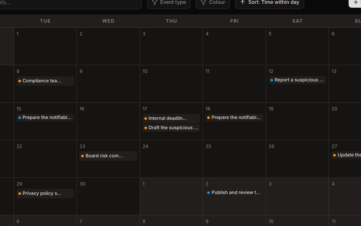 The compliance calendar with obligation deadlines, task due dates and meetings across the month.